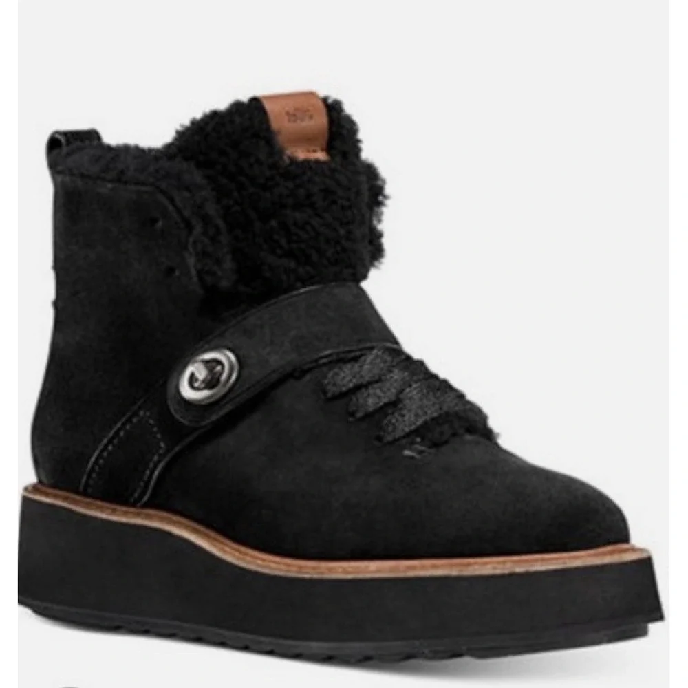 COACH G1354 Urban Hiker Shearling Suede Platform Ankle Boots Black 8.5